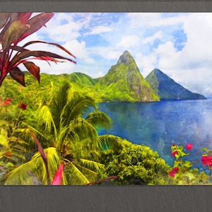May include: A watercolour painting depicting a tropical island scene with two green mountains rising from the blue ocean. Lush green foliage and palm trees are in the foreground, with pink flowers blooming.