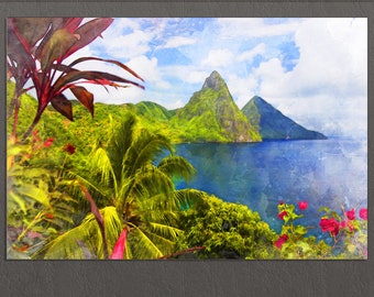 Saint Lucia Canvas Print, Twin Pitons, Saint Lucia Wall Art, Saint Lucia Painting, Saint Lucia Resorts