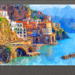 Amalfi Coast Canvas Print, Amalfi Coast Painting, Sorrentine Peninsula, Italy Wall Art