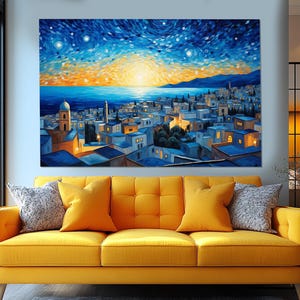 Abstract Sidi Bou Saïd City in Van Gogh Starry Night Style Painting Canvas Print, Tunisia City Wall Art, Framed and Ready to Hang