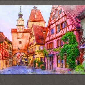 May include: A watercolour painting of a narrow street in a European town. The street is lined with colourful buildings, including a tall tower with a clock face. The buildings have red tiled roofs and white trim. There are trees and flowers in the foreground.