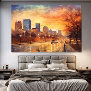 Impresión abstracta en lienzo de Fort Worth, pintura de Fort Worth, horizonte de Fort Worth, arte mural de Fort Worth