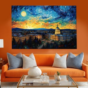 Abstract Washington Capitol  in Van Gogh Starry Night Style Painting  Canvas Print, Washington Wall Art
