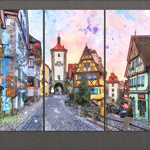 May include: A watercolour painting of a European village street with colourful buildings, a tall tower, and a cobbled street. The sky is a soft pink and blue with white clouds.