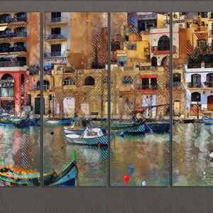 May include: A watercolor painting of a colorful waterfront scene with buildings and boats. The buildings are painted in shades of yellow, orange, red, and brown. The boats are painted in shades of blue, green, and white. The water is painted in shades of blue and green.