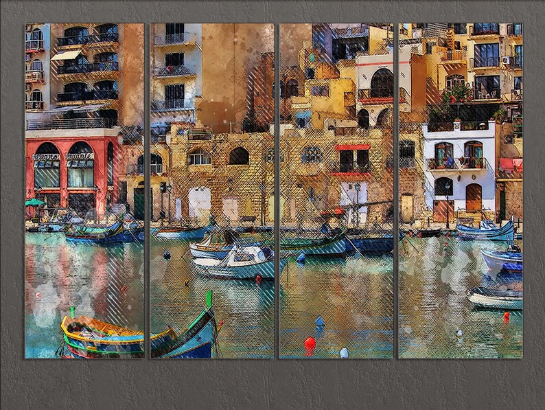 May include: A watercolor painting of a colorful waterfront scene with buildings and boats. The buildings are painted in shades of yellow, orange, red, and brown. The boats are painted in shades of blue, green, and white. The water is painted in shades of blue and green.