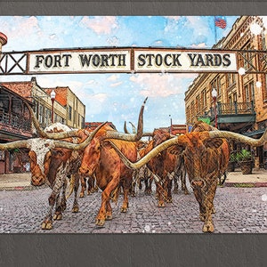 Impresión de lona de Fort Worth, toros de Fort Worth, arte mural de Fort Worth