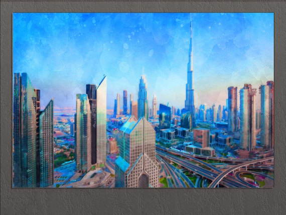 Dubai City Skyline Picture SINGLE CANVAS WALL ART Print Blue 