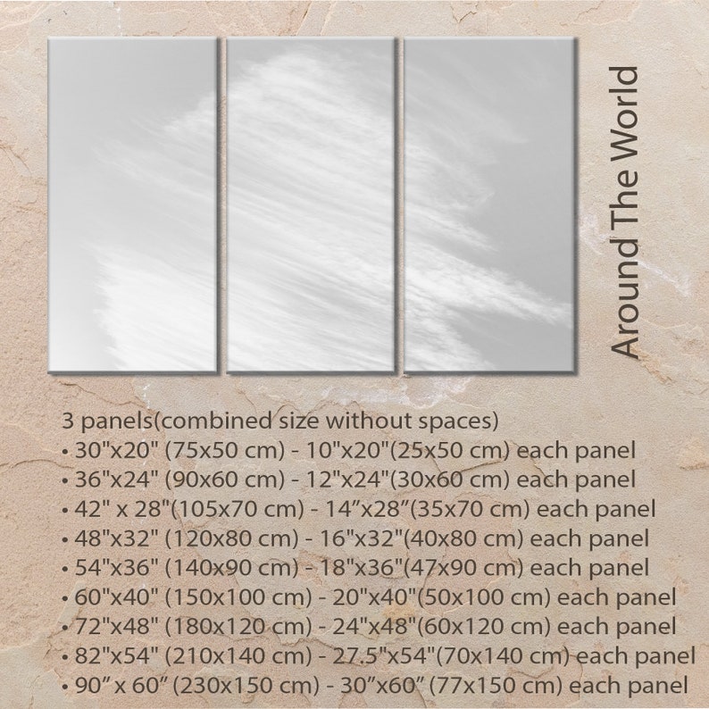 May include: Three panels of a white and gray abstract cloud design with the text "Around The World" in black. The image shows the different sizes available for the print, with measurements in inches and centimeters.