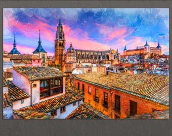 Toledo, Spain Canvas Print, Toledo Painting, Toledo Wall Art, Toledo Skyline, Spain