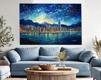 ヴァン・ゴッホの星月夜スタイルの抽象的な香港のキャンバスプリント
