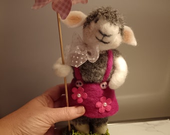 Needle felted sheep with toy windmill (pinwheel)