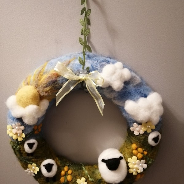 Needle felted Easter/Spring lamb large wreath
