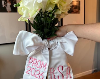 Personalized Bouquet Sash Bow | Custom Embroidered Double-Lined Ribbon Flower Wrap Senior Game, Prom, Homecoming, Bridesmaid, Wedding, HOCO