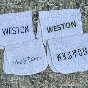 Custom Cotton Muslin Burp Cloth - Monogrammed Baby Shower Gift - Personalized Baby Name - Embroidered Newborn Gift - Trendy Fonts