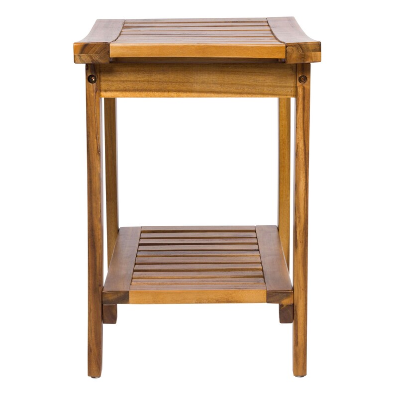 May include: A two-tiered wooden side table with a natural finish. The table has a rectangular top and a lower shelf, both with slatted surfaces. The legs are straight and sturdy, and the table is designed for indoor use. The table measures approximately 24 inches high.