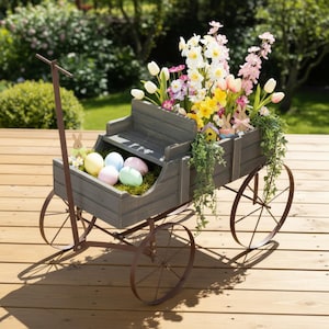 21.5" Small Cedar Wood Buckboard Wagon Planter: Amish Style Garden Decor / Available in Red, Green & Gray Wagons