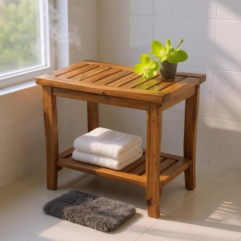 May include: A wooden shower bench with a slatted top and a lower shelf. Two white towels are neatly stacked on the shelf. A small gray rug sits on the floor in front of the bench. A small potted plant with green flowers sits on top.
