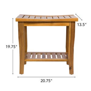 May include: A wooden shower bench with a slatted seat and lower shelf. The bench is 19.75 inches high, 20.75 inches wide, and 13.5 inches deep. The wood has a natural finish.