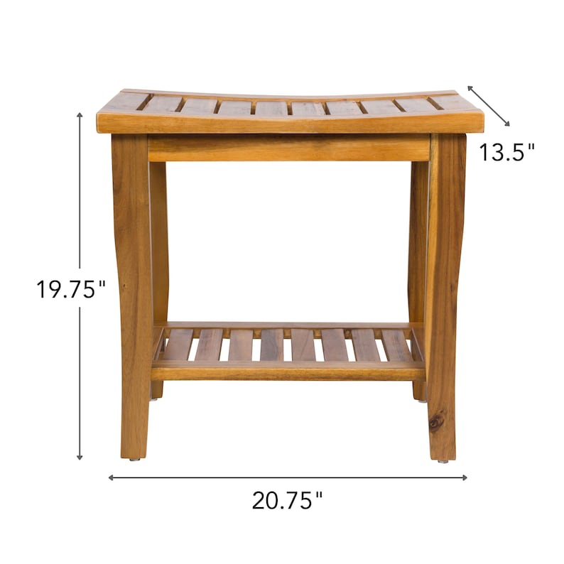 May include: A wooden shower bench with a slatted seat and lower shelf. The bench is 19.75 inches high, 20.75 inches wide, and 13.5 inches deep. The wood has a natural finish.