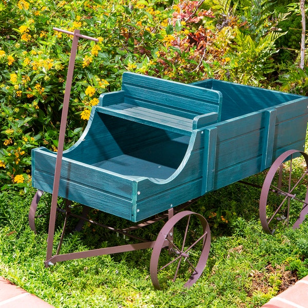 Large 27.75" Decorative Buckboard Wagon Planter, Cedar Wood, Classic Wooden Wagon, Amish Wagon Garden Planter #4942