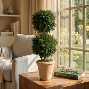 May include: A double-ball topiary plant with dark green, needle-like foliage arranged in two spherical shapes, set in a light tan, tapered terracotta-style pot. The plant features a central wooden stem connecting the two dense, textured green spheres.