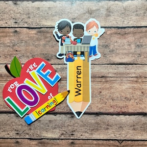 May include: A red apple with the words "For the Love of learning!" and a yellow pencil with the name "Warren" written on it. Three cartoon children are sitting at a desk with books and a laptop.