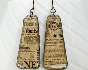 Vintage Paris Ads- Beautiful Statement Dangle Earrings- Washi on Wood and Glossy Resin Finish, Eye-Catching, One of a Kind