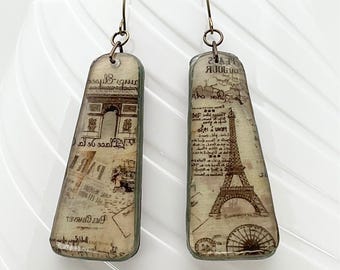 Paris France- Beautiful Statement Dangle Earrings- Washi on Wood and Glossy Resin Finish, Eye-Catching, One of a Kind