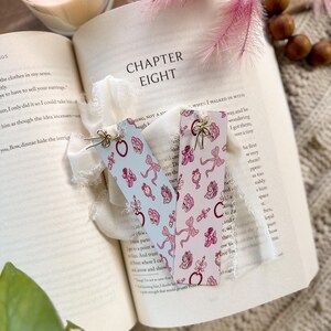 Coquette Pattern Metal Double-Sided Bookmark with Ribbon Tassel and Bow Charm