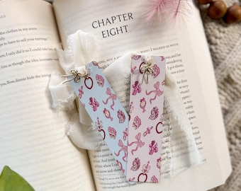 Coquette Pattern Metal Double-Sided Bookmark with Ribbon Tassel and Bow Charm