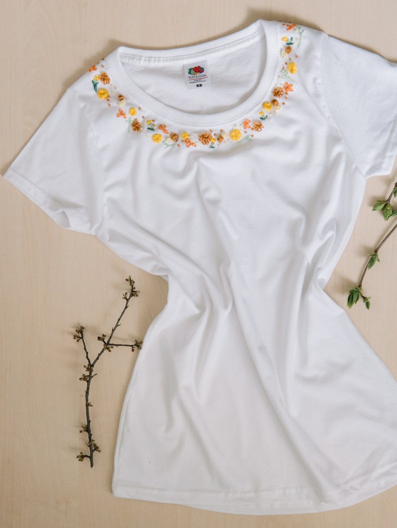 Handembroidered Tshirt Floral Design Organic Cotton Etsy