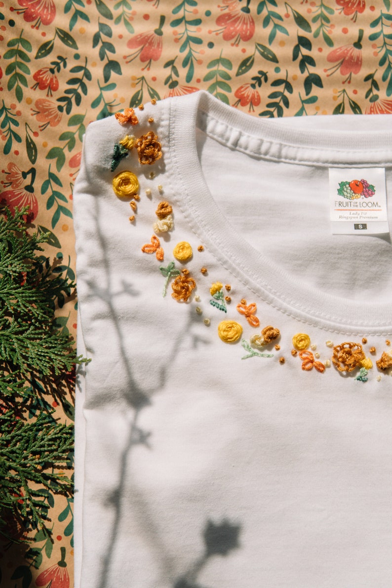 Handembroidered Tshirt Floral Design Organic Cotton Etsy