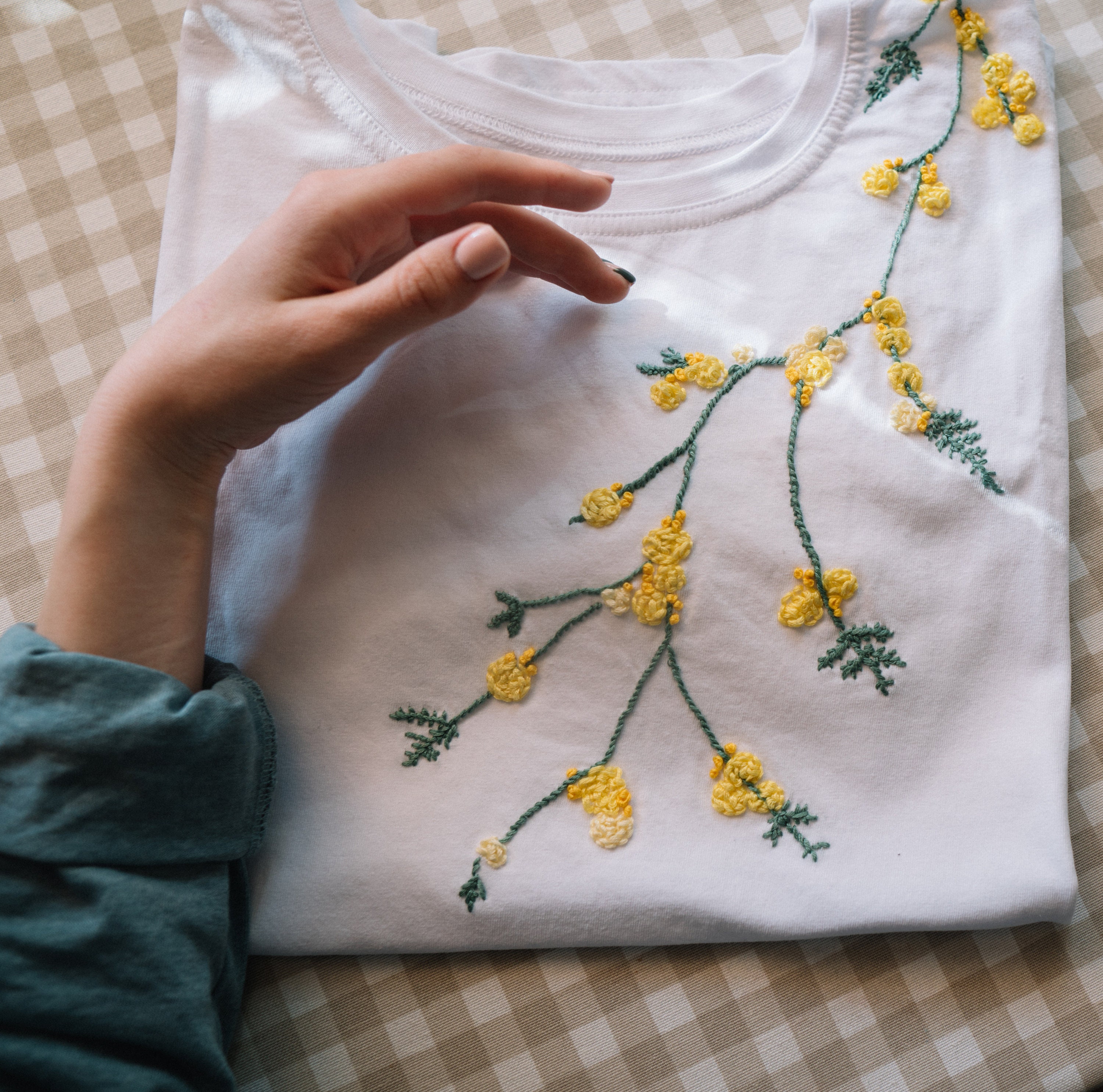 Hand Embroidered T-shirt Organic Embroidery Shirt Crewneck Floral Flowerish  Mimosas Yello Flowers 