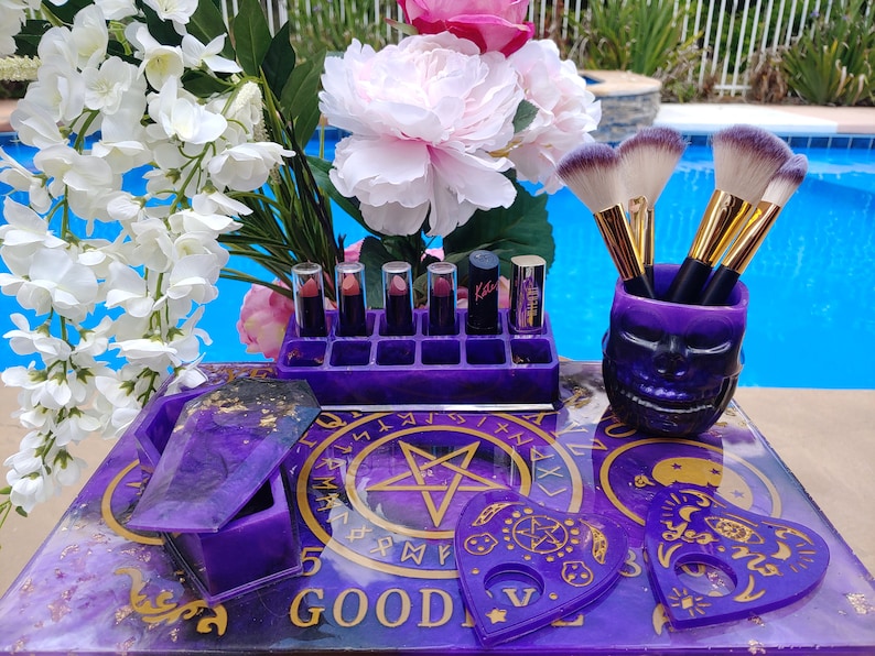 Ouija board make up organizer| jewelry tray| perfume tray | vanity tray | gothic decor | skull | coffin | resin tray | resin make up tray 