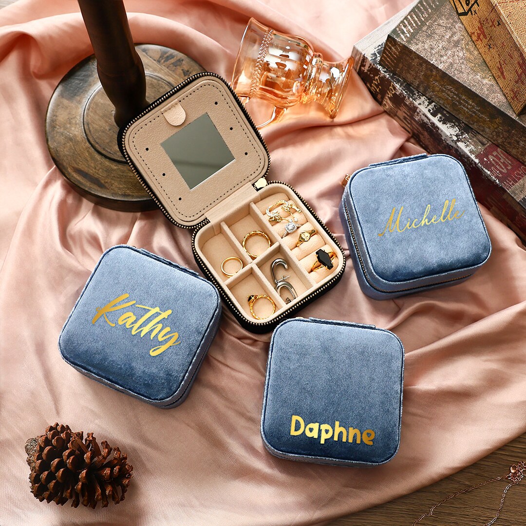 Blue Velvet Jewelry Box With Custom Name,wedding Party Gifts,travel