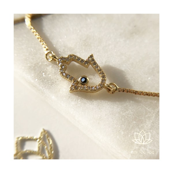 Gold Dainty Bracelet Evil Eye Hamsa Jewellery Hand of Fatima Hand of Miriam Protection Good Luck Bracelet Special Hanukkah