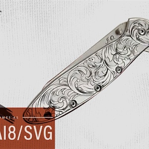 May include: A silver pocket knife with intricate floral engraving. The knife is shown open, displaying the detailed design. Text on the image reads "DIGITAL FILE FOR LASERENGRAVING" and "READY TO OPEN IN EZCAD". The file comes as AI8/SVG.