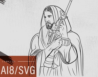 Instant Digitale Download Jezus AK47 SVG AI8 Clipart, Katholieke Svg-bestand voor fiber laser Kalashnikov mesias Kerk Lasergravure voor ezcad