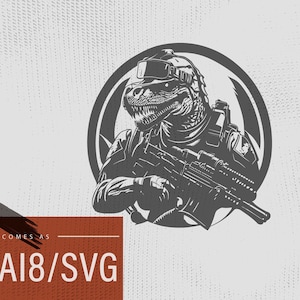 SVG dinosaur with rifle, file for ezcad2, template for laser engraver fiber laser, crazy t-rex vector file, instant download digital design