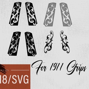 Könnte beinhalten: Digitale Datei zum Lasergravieren, bereit zum Öffnen in EZCAD. Das Bild zeigt mehrere Designs für 1911-Griffe in Schwarz und Grau mit floralen Mustern. Die Datei wird als AI8/SVG geliefert.