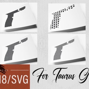 Puede incluir: Archivo digital para grabado láser, listo para abrir en EZCAD. La imagen muestra cuatro diseños de una pistola Taurus G2, cada uno con un patrón diferente. El texto incluye "COMES AS AI8/SVG" y "For Taurus G2".