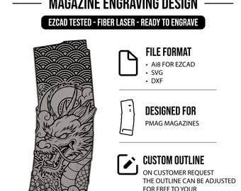 Japanese Dragon engraving file, fits PMAG, Laser Etching File, AI8, SVG & DXF Formats, EZCAD2 ready, Polymer Magazine Design, Instant Download