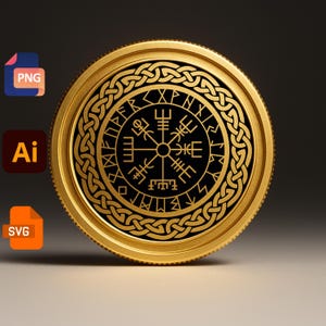 May include: A gold-colored coin with a black center featuring a Viking compass design. The coin has a detailed border with a Celtic knot pattern. The image also includes PNG, AI, and SVG file type icons.