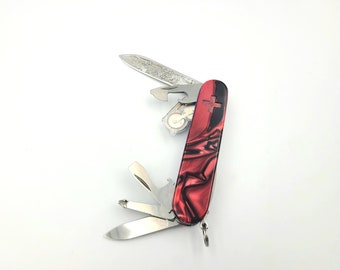 Swiss army knife wolf engraving custom SAK mod,SAK knife modification,red plastic  kirinite scales,laserengraved main blade on both sides,