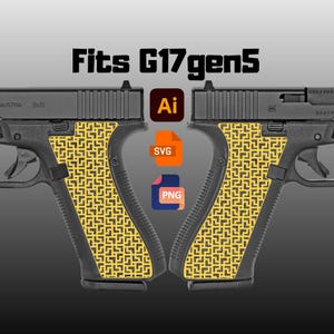 Puede incluir: Dos armas de fuego negras con patrones geométricos amarillos en las empuñaduras, sobre un fondo gris. El texto "Fits G17 gen5" está en la parte superior. También hay iconos de formatos de archivo Ai, SVG y PNG.