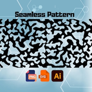 May include: A seamless pattern design featuring black organic shapes on a light blue backdrop. The words "Seamless Pattern" are at the top. Below are PNG, SVG, and AI file icons.