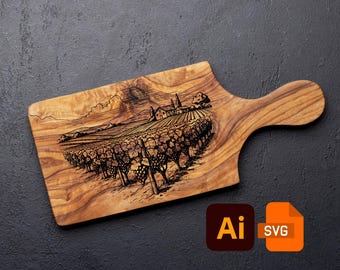 SVG Ai8 Vineyard Cutting Board – Vintage Wine Field Engraving File for EZCAD Laser, CNC Projects, Rustic Kitchen & Farmhouse Decor