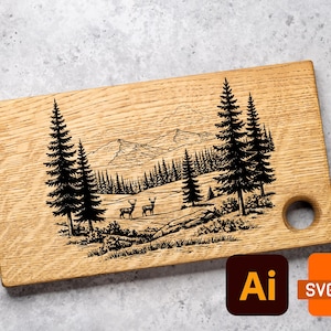 May include: Wooden chopping board with a laser-etched mountain and forest scene, featuring deer and pine trees. The board has a natural wood grain finish and a round hole for hanging. Includes Ai and SVG file icons.