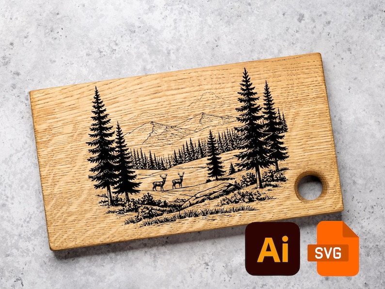 May include: Wooden chopping board with a laser-etched mountain and forest scene, featuring deer and pine trees. The board has a natural wood grain finish and a round hole for hanging. Includes Ai and SVG file icons.